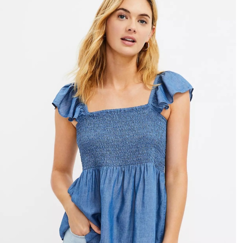 LOFT Smocked Chambray Ruffle Sleeve Top | Size Large - Picture 2 of 8